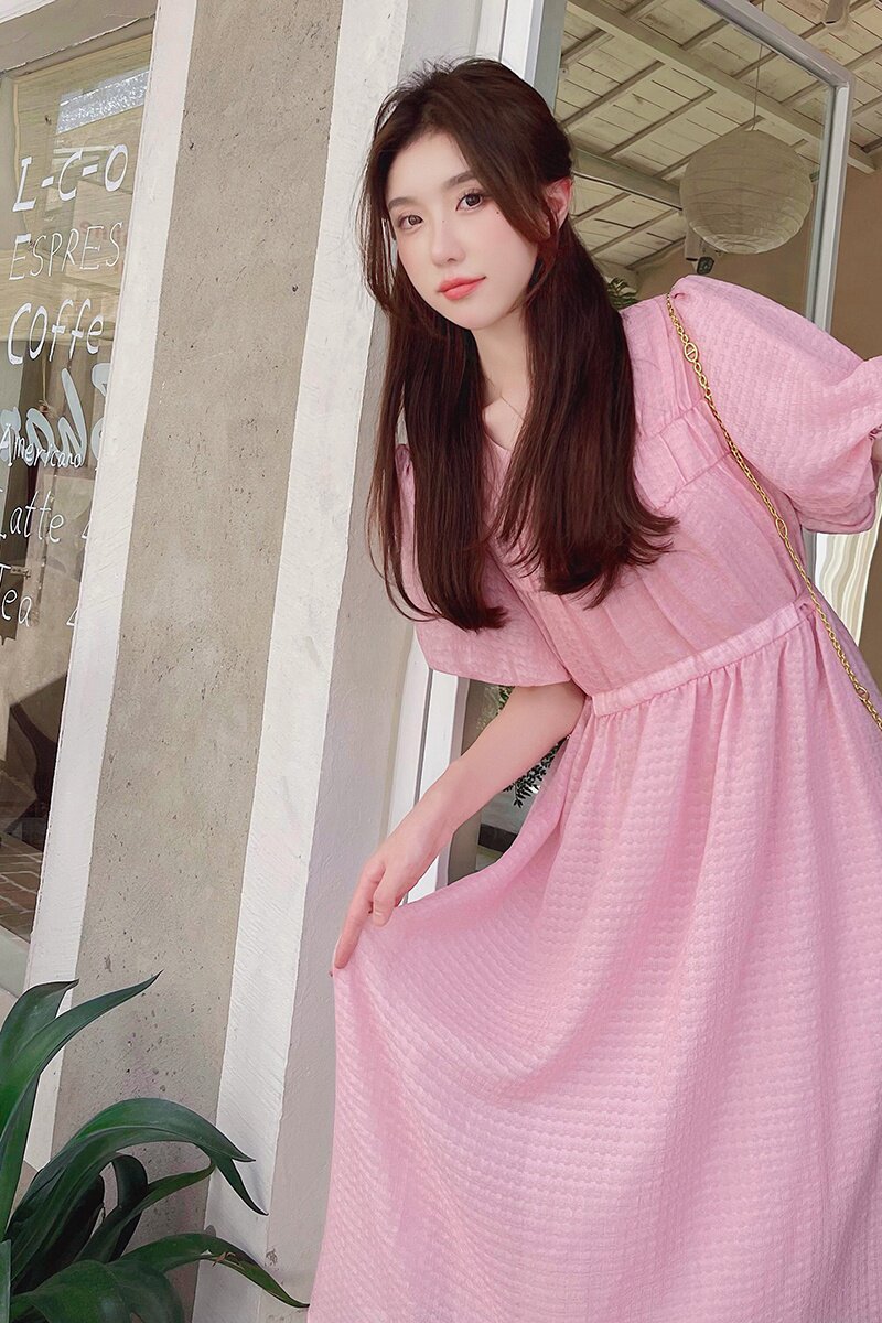 【新款】温柔风粉色泡泡袖连衣裙205A-6622-P110控158,女装连衣裙,浙宝293