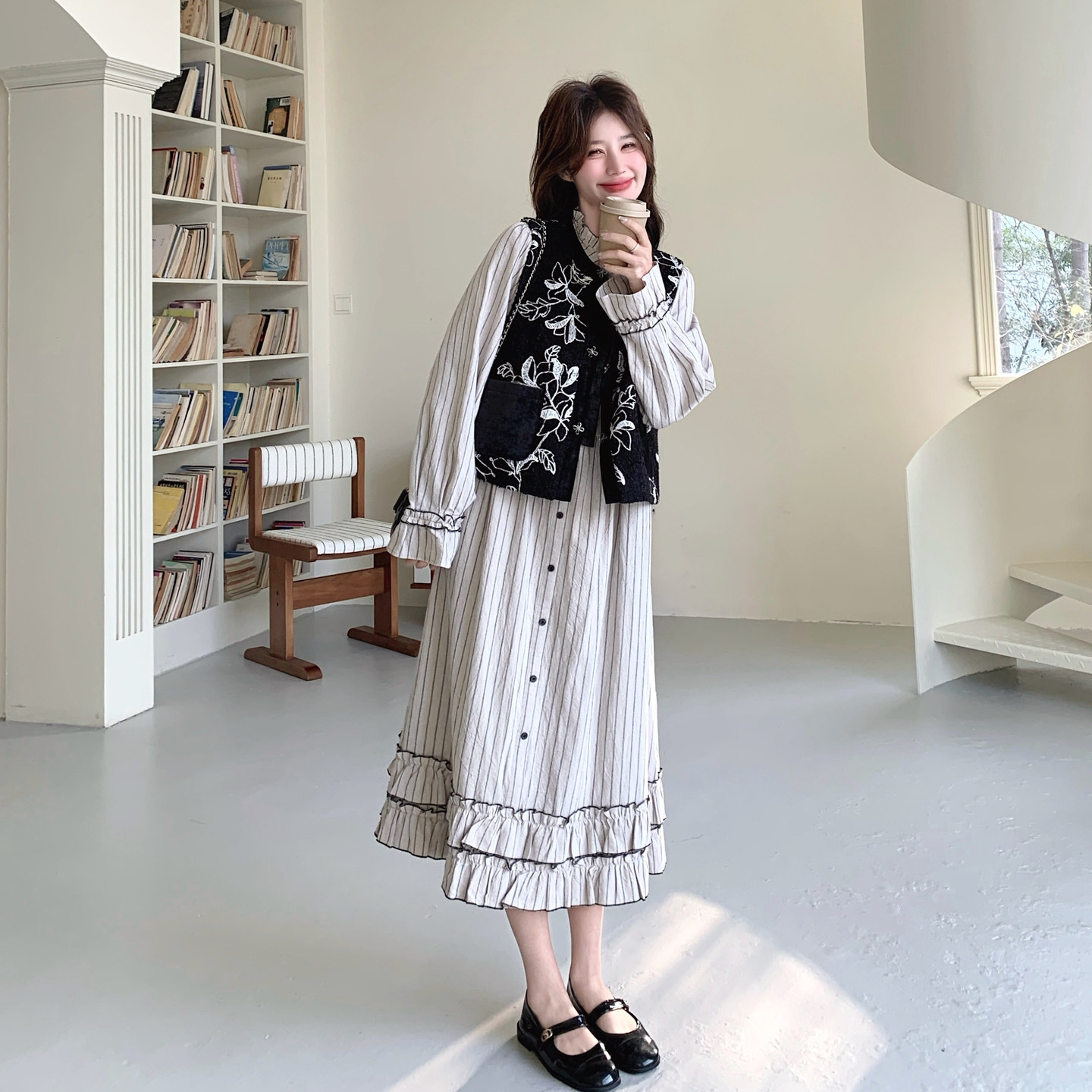 【新款】新中式花马甲+复古条纹连衣裙套装293-266P170控278，女装套装/套裙，浙宝293