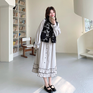 【新款】新中式花马甲+复古条纹连衣裙套装 293-266P170控278，女装套装/套裙，浙宝293
