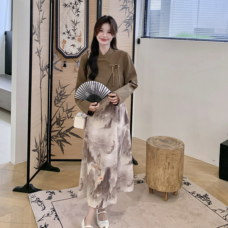 【新款】新中式水墨晕染连衣裙西装套装293-1090-165控228,女装连衣裙,浙宝293