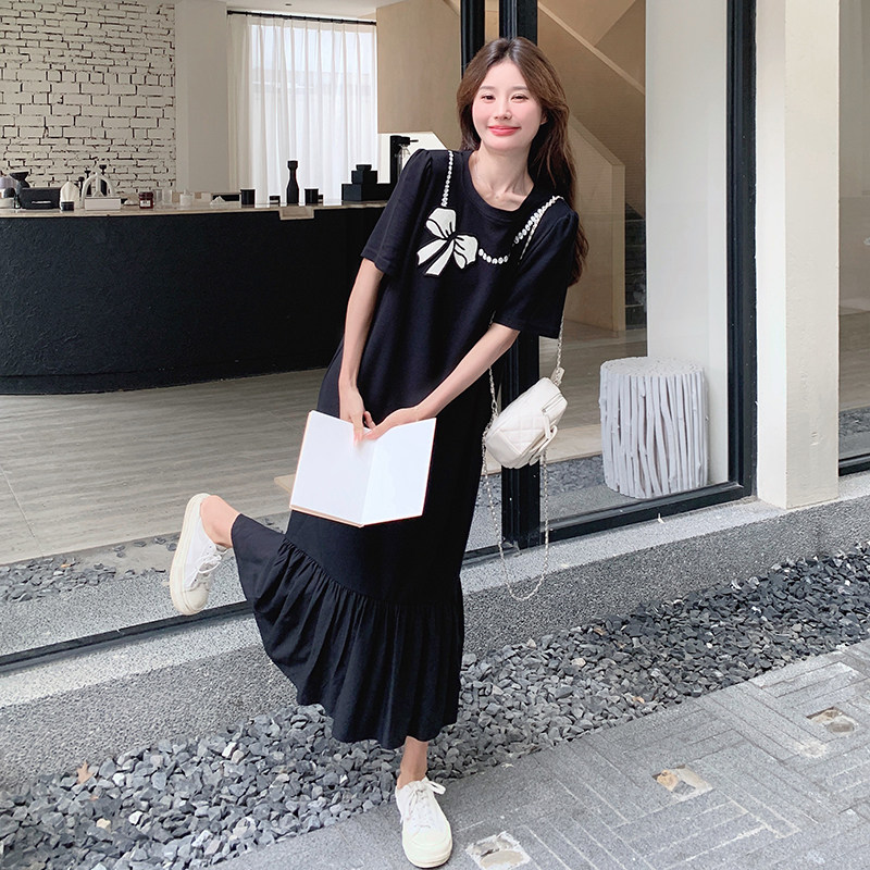 韩系风格黑色针织拼接连衣裙女夏2025新款蝴蝶印花设计感鱼尾裙图片