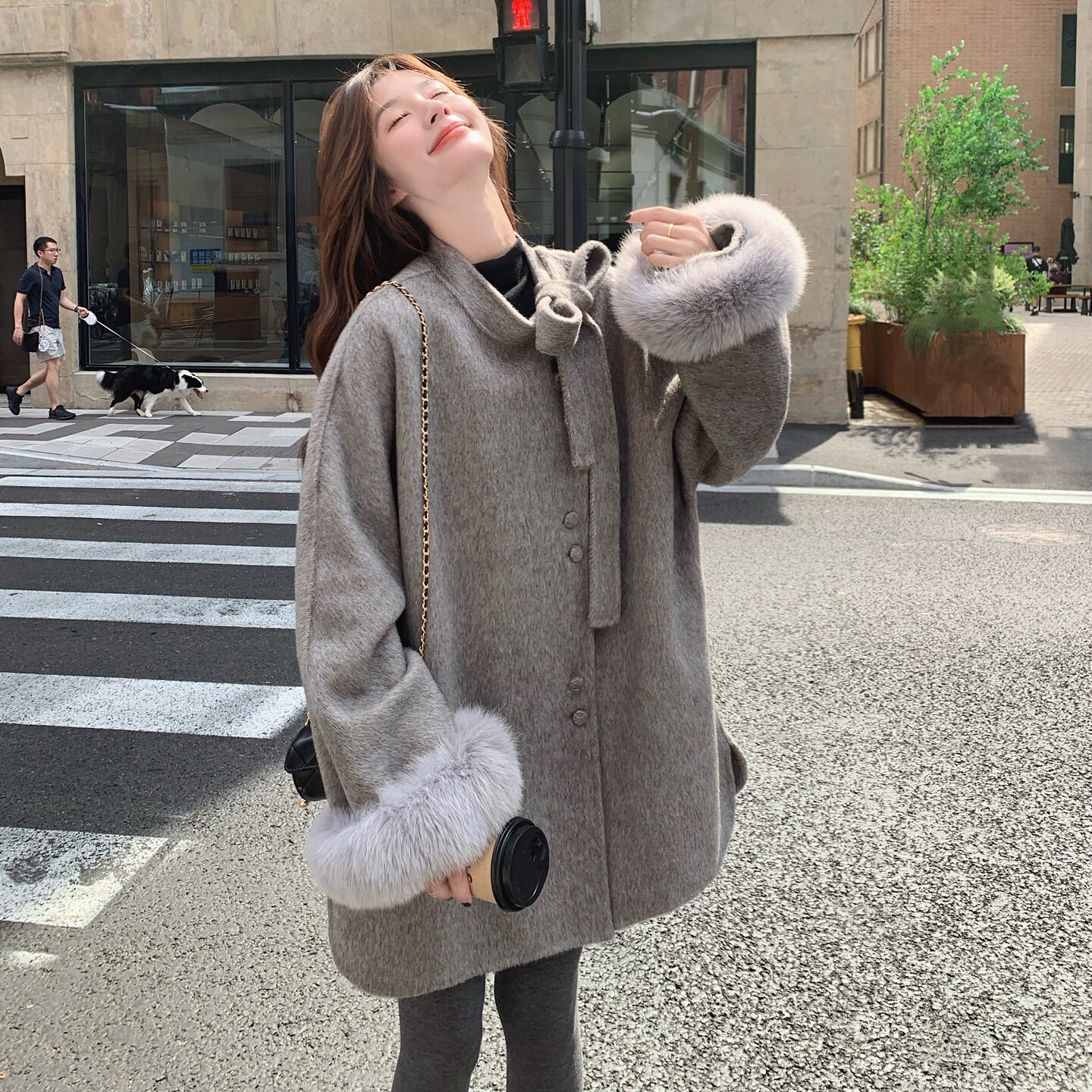 灰色千金风羊毛双面羊绒大衣女秋冬加厚高级感蝴蝶结立领呢子外套,女装毛呢外套,浙宝293