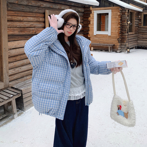 【新款现货】韩系蓝色格纹连帽羽绒服（50绒）293-2827-P260控390图片