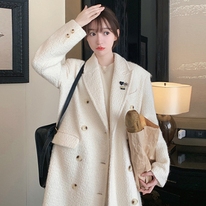 白色中长款毛呢外套女2025年秋冬季新款显瘦加厚加棉气质呢子大衣