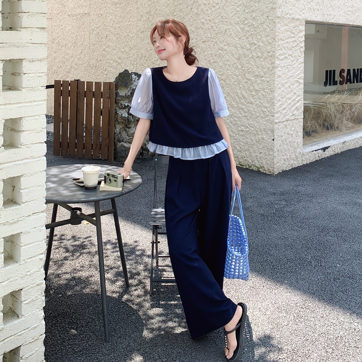 设计感假两件上衣套装女2025夏季新款韩系高级感气质阔腿裤两件套,女装套装/套裙,浙宝293