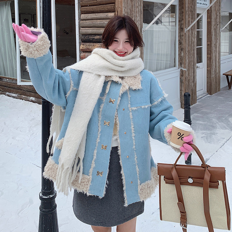 【冬款现货】数据好！蓝色牛仔拼接羊羔毛外套293-215-P195控288,女装皮草,浙宝293