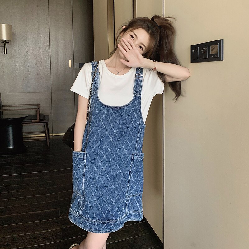 韩版减龄菱格牛仔背带裙女2025夏季新款日系宽松显瘦学院风短裙子,女装连衣裙,浙宝293