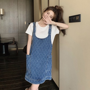 韩版减龄菱格牛仔背带裙女2025夏季新款日系宽松显瘦学院风短裙子
