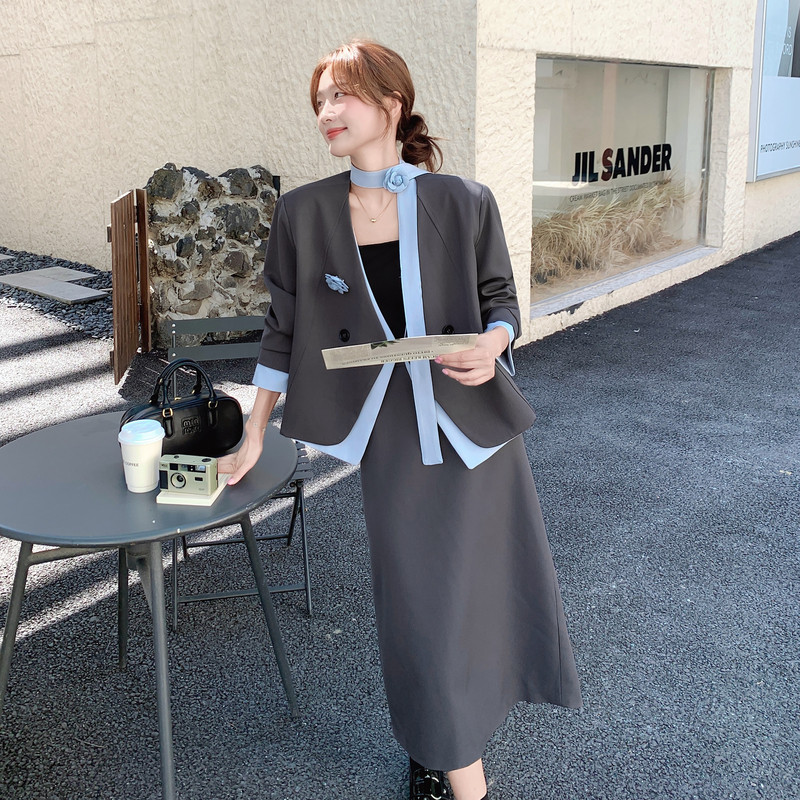 通勤穿搭灰色西服上衣套装女春秋2025超火好看高级感半身裙两件套,女装套装/套裙,浙宝293
