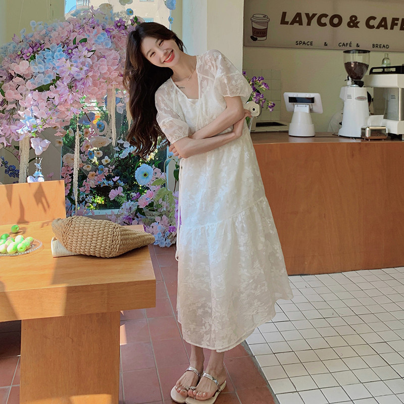 法式甜美茶歇v领连衣裙女2025夏季新款韩版宽松显瘦泡泡袖长裙子,女装连衣裙,浙宝293