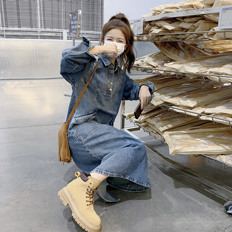 牛仔长袖连衣裙女2025春秋新款港风复古减龄休闲百搭后开叉衬衫裙,女装连衣裙,浙宝293
