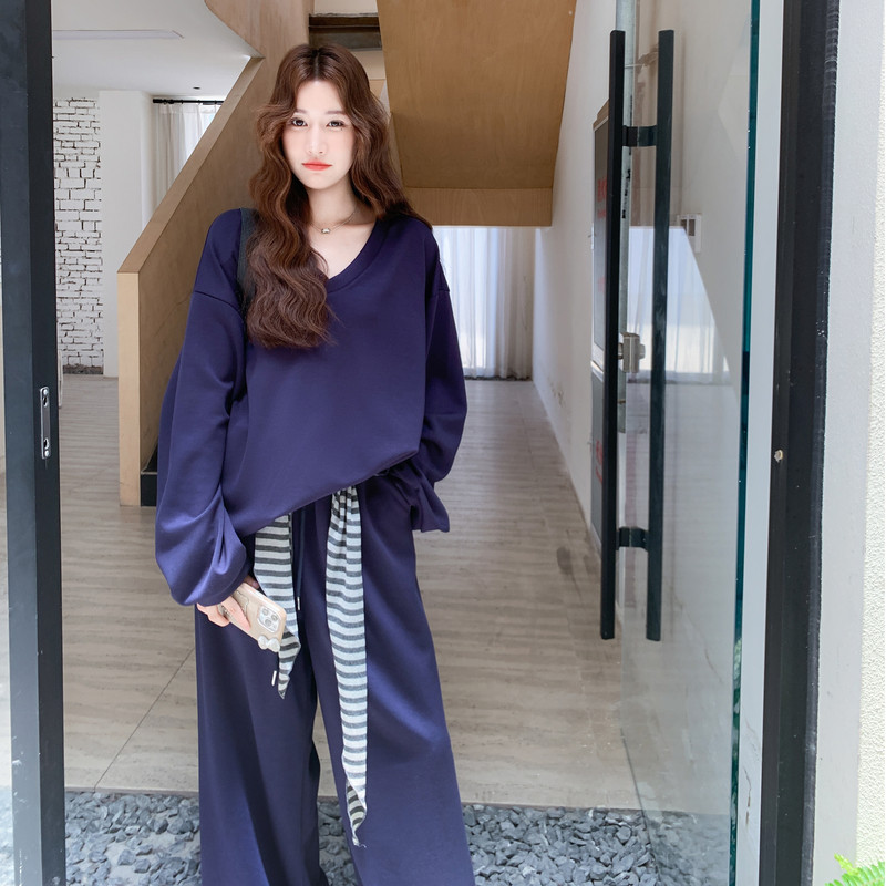 盐甜系穿搭藏青色披肩卫衣套装裙女秋季2025新款休闲阔腿裤两件套,女装套装/套裙,浙宝293