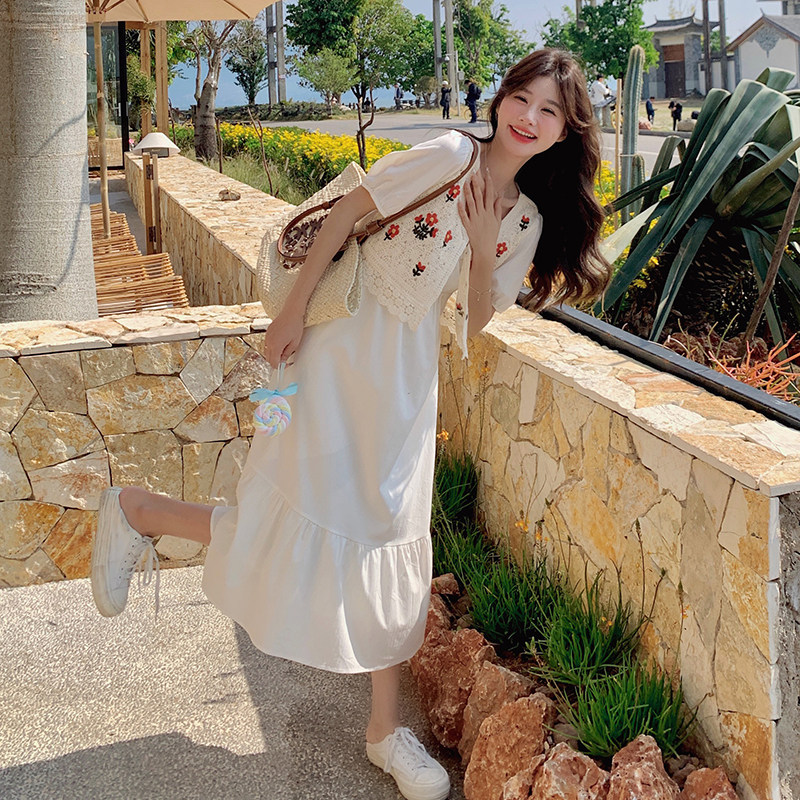 白色假两件拼接连衣裙女2025夏季新款法式甜美温柔风少女初恋长裙,女装连衣裙,浙宝293