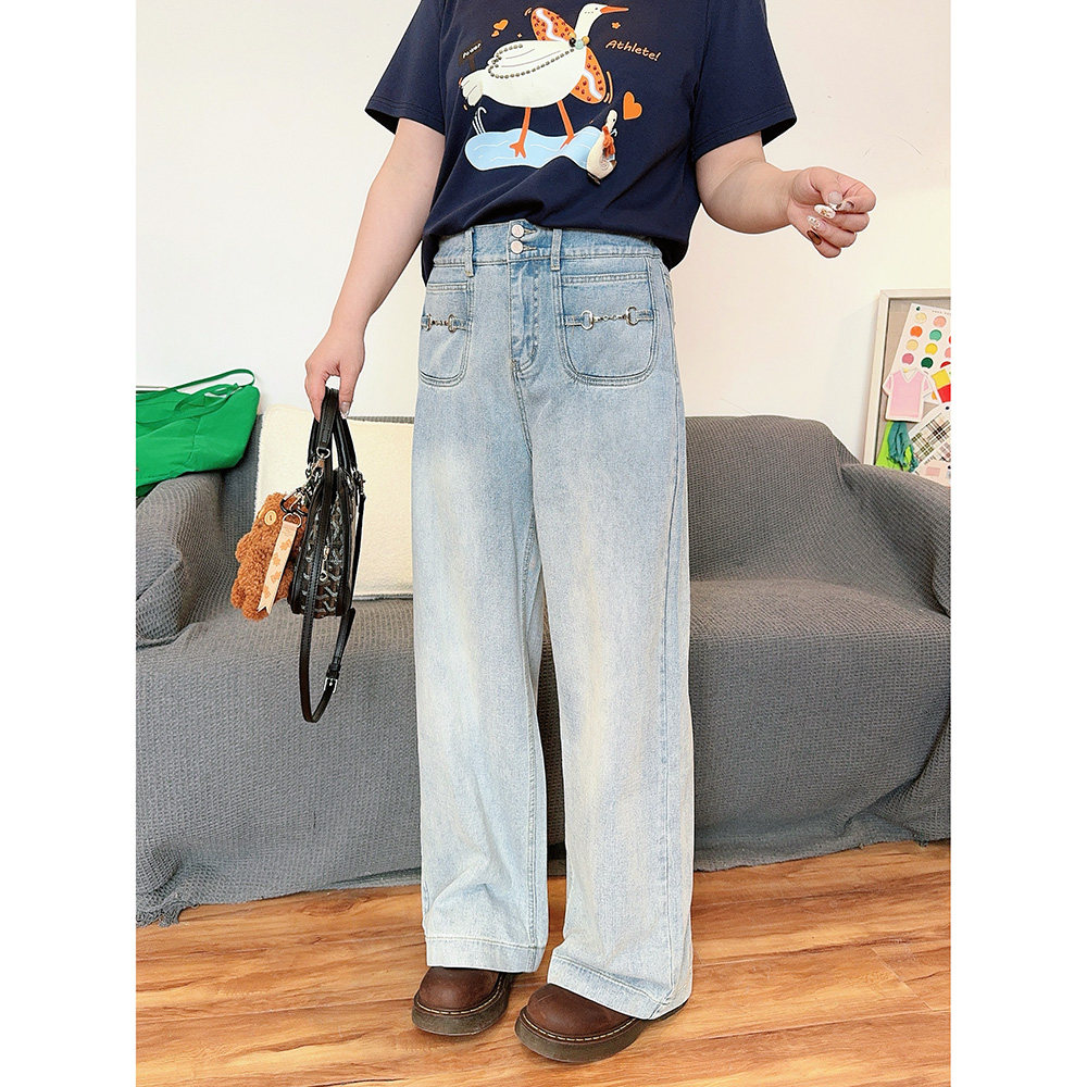 花边下大码女装胖mm2026春新款设计感装饰口袋宽松阔腿直筒牛仔裤