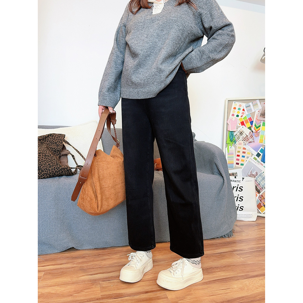 高腰弹力直筒加绒九分牛仔裤显瘦