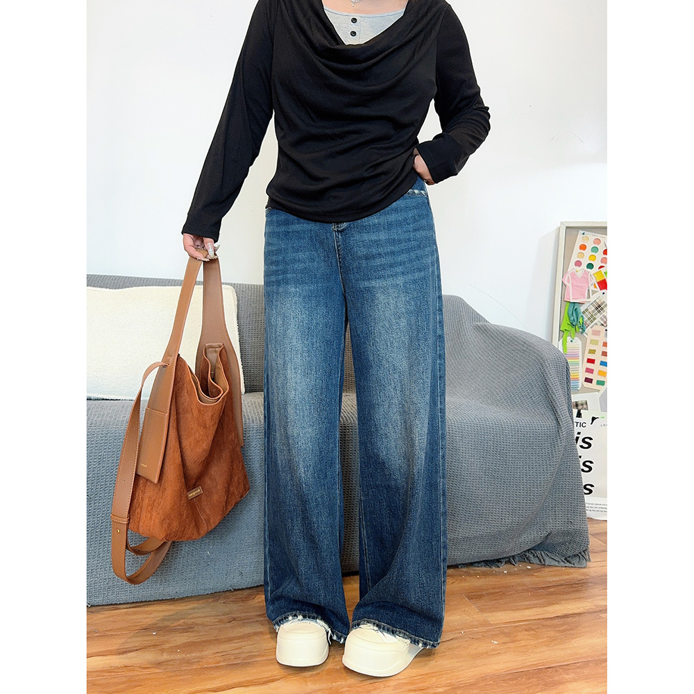 花边下大码女装胖mm2025秋季新款高腰阔腿直筒破洞拖地牛仔裤长裤