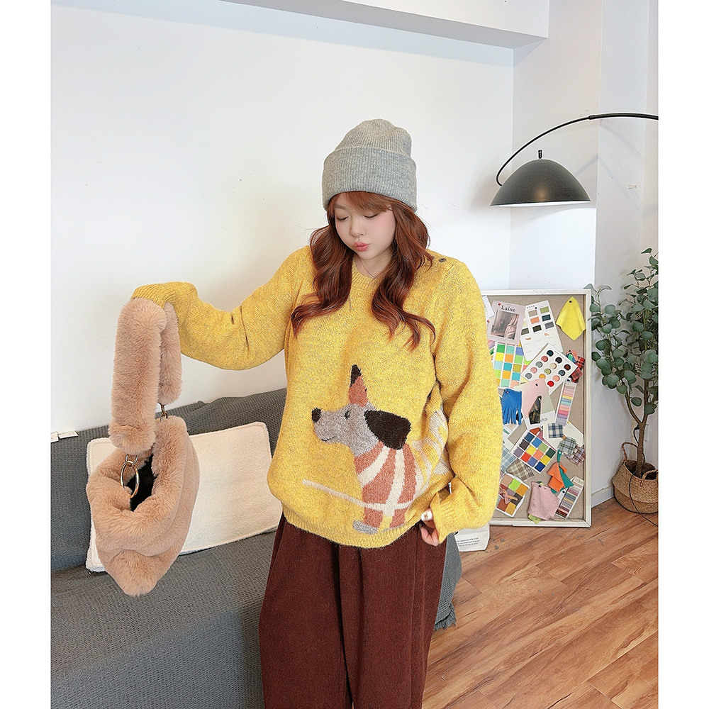 卡通复古圆领套头针织毛衣上衣
