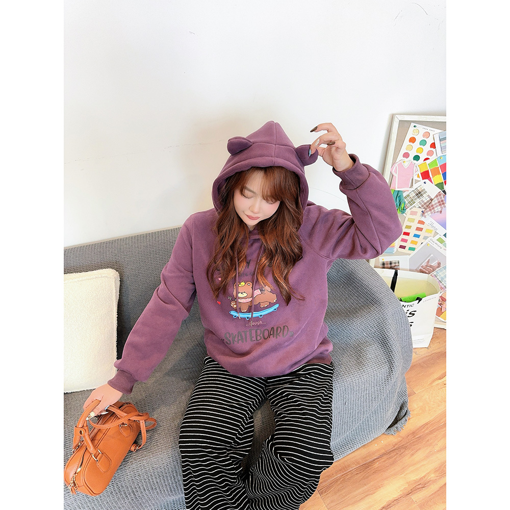 卡通小熊印花连帽加绒卫衣宽松