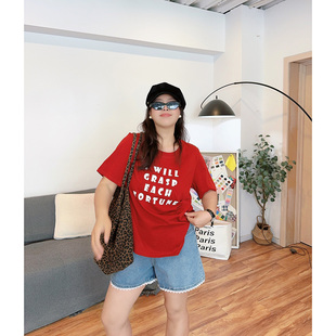T恤 花边下大码 女装 胖mm2024夏新款 设计感不规则字母印花圆领短袖