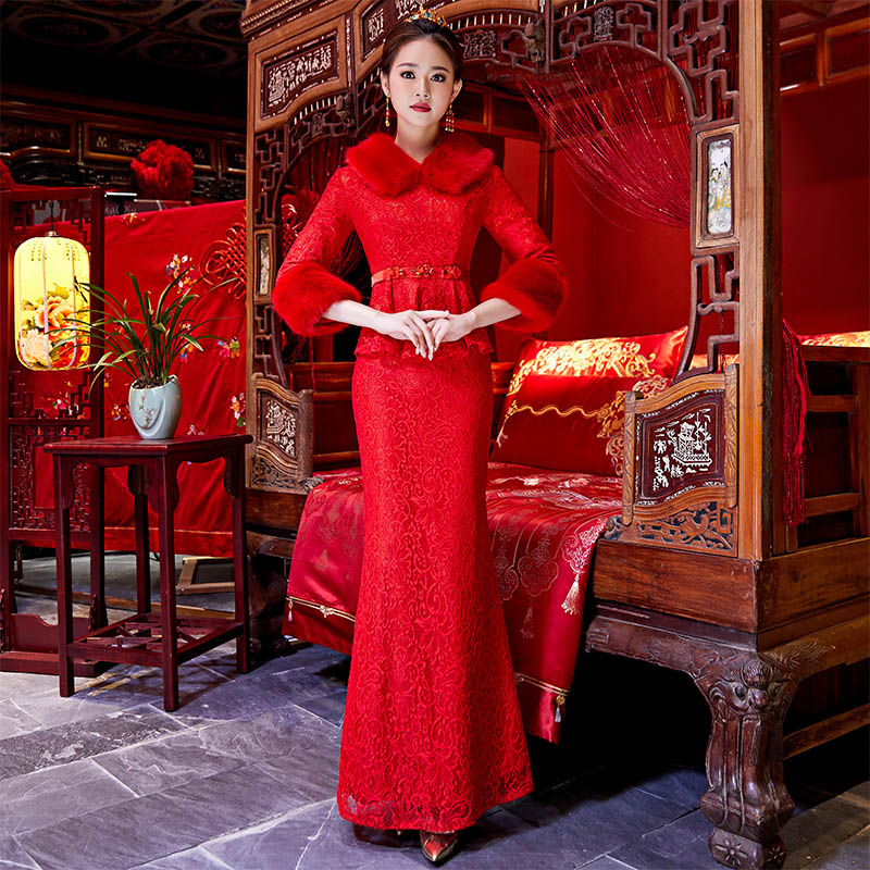 长款修身鱼尾改良旗袍2025年春季新款新娘礼服红色结婚敬酒服走秀
