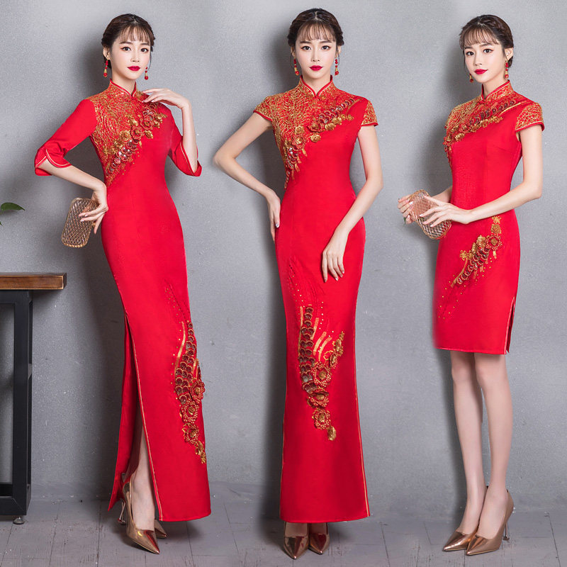 2025新款新娘敬酒服旗袍礼服红色长款晚礼服宴会礼仪旗袍演出旗袍