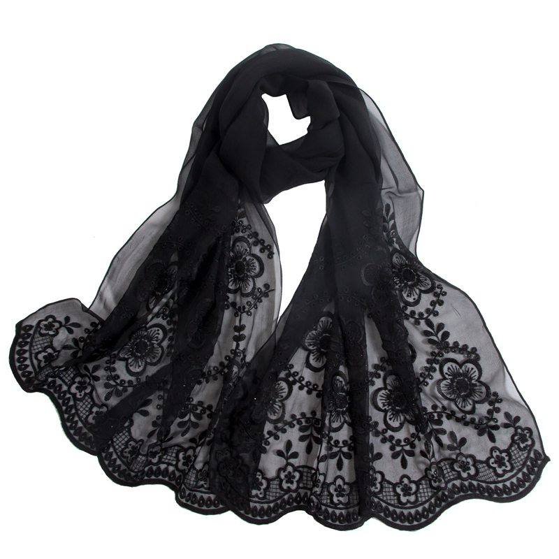 上海故事丝巾真丝绣花长款围巾女秋冬季纱巾桑蚕丝高档刺绣围脖