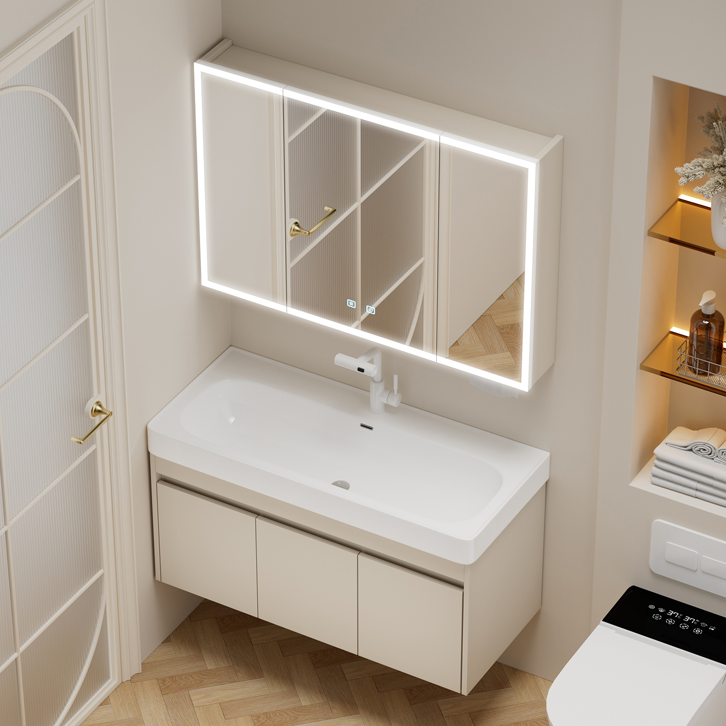 挂墙奶油风多层实木浴室柜洗手盆组合小户型卫生间陶瓷一体洗脸盆