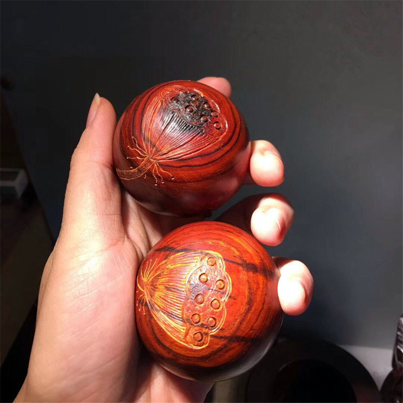 红木保健球运动风减压雕刻莲花