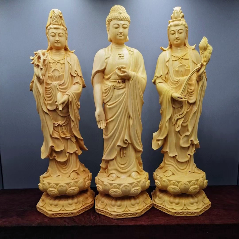西方三圣木雕家居装饰玄关摆件黄杨木实木雕刻家用玄关摆设包邮
