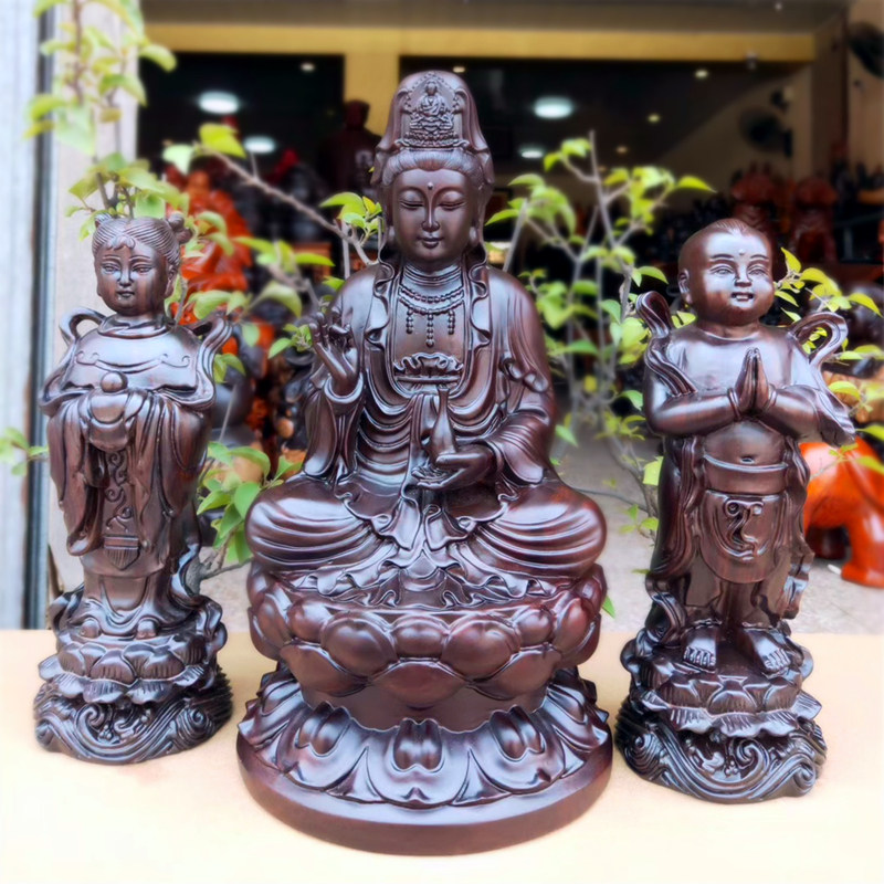 善财童子龙女木雕观音随从金童玉女10寸家用4寸12寸摆件佛像包邮
