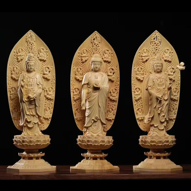 大号西方三圣实木摆件雕刻桧木