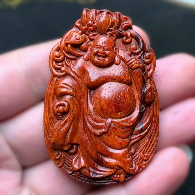弥勒佛挂牌笑口常开紫檀红木雕刻吊坠实木方牌平安牌配饰挂件木雕