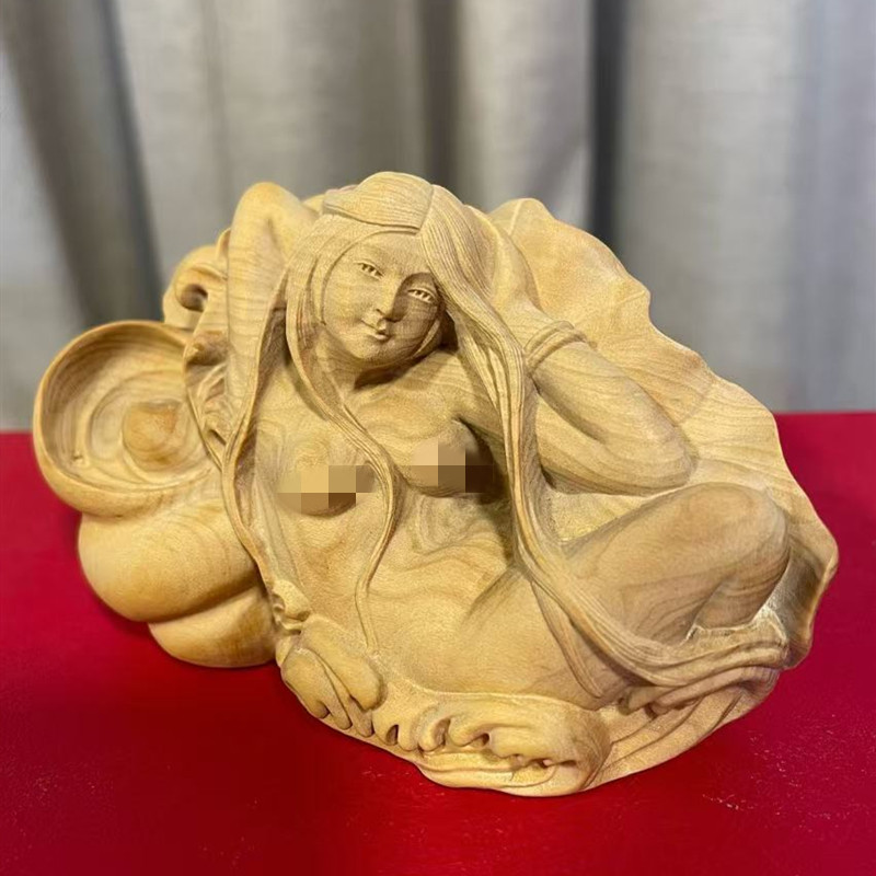 海螺姑娘木雕摆件实木人体艺术雕刻黄杨木