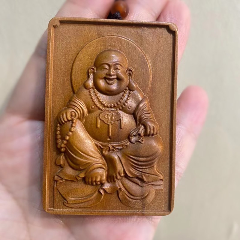 弥勒佛挂牌檀香木雕刻吊牌挂坠红木461方牌平安牌配饰挂件木雕