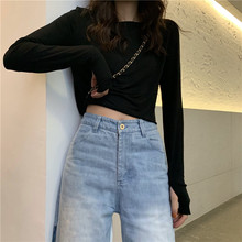 T恤百搭短款 黑色长袖 打底衫 薄款 衣服女2019新品 上衣 初秋韩版 修身