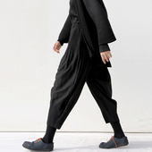 女装 褶皱休闲九分哈伦裤 子黑色大码 宽松显瘦高级垂坠感宽松慵懒风