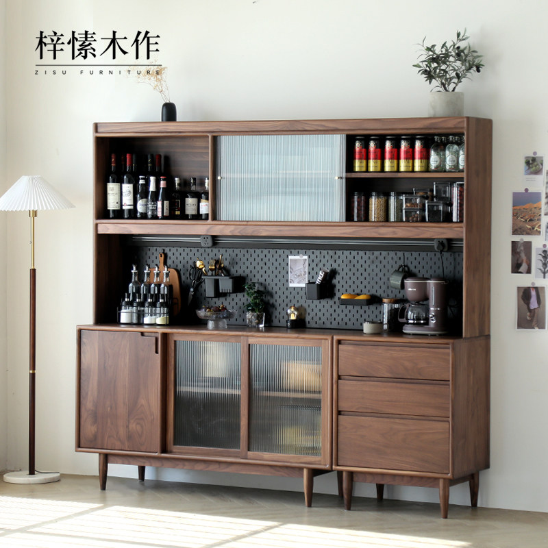 全实木黑胡桃木餐边柜一体靠墙现代简约北欧日系靠墙酒柜洞洞板