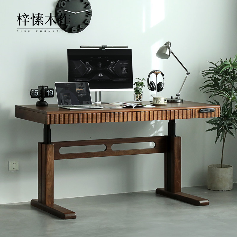 梓愫木作升降桌实木电动书桌电脑桌黑胡桃木学习工作台双电机智能