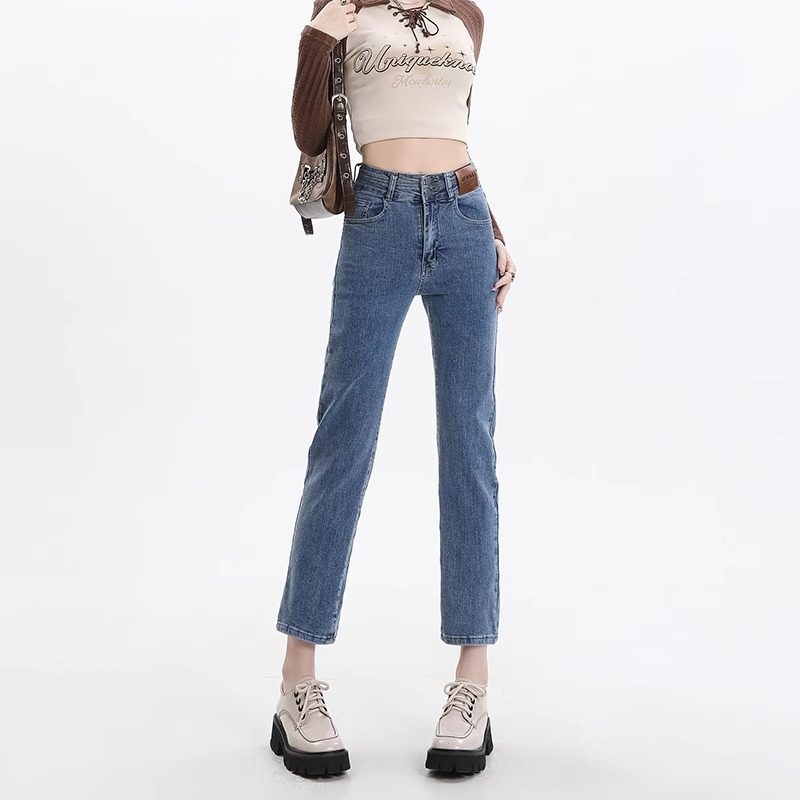 复古高腰烟管牛仔裤女秋冬季加绒加厚修身显瘦百搭小个子九分直筒