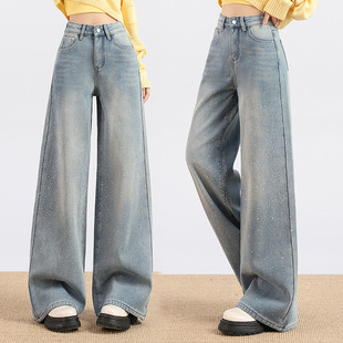 满天星窄版直筒裤女新款秋冬爆款烫钻复古高腰显瘦阔腿牛仔裤子