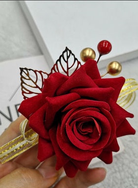 新娘红色发夹头花玫瑰金叶子花朵旗袍礼服舞台配饰结婚头饰婆婆花