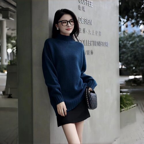 温尔家 中长款美丽诺羊毛打底衫半高领加厚女保暖毛衣秋冬季上衣