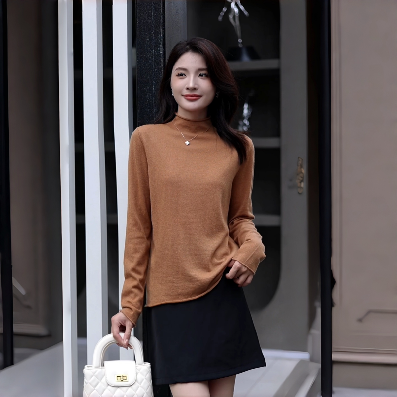 温尔家 48支超细羊毛小卷边打底衫女秋冬半高领针织衫内搭上衣
