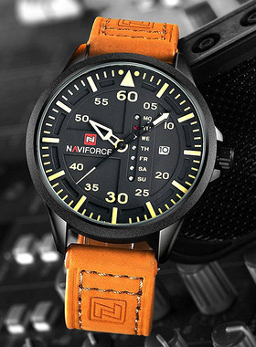 Naviforce美式潮牌手表男嘻哈双日历手表星期复古皮带经典百搭表