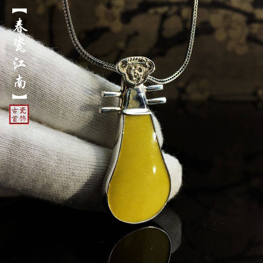 旗袍挂件纯银青花古瓷片琵琶吊坠古装汉服首饰复古首饰女民族风
