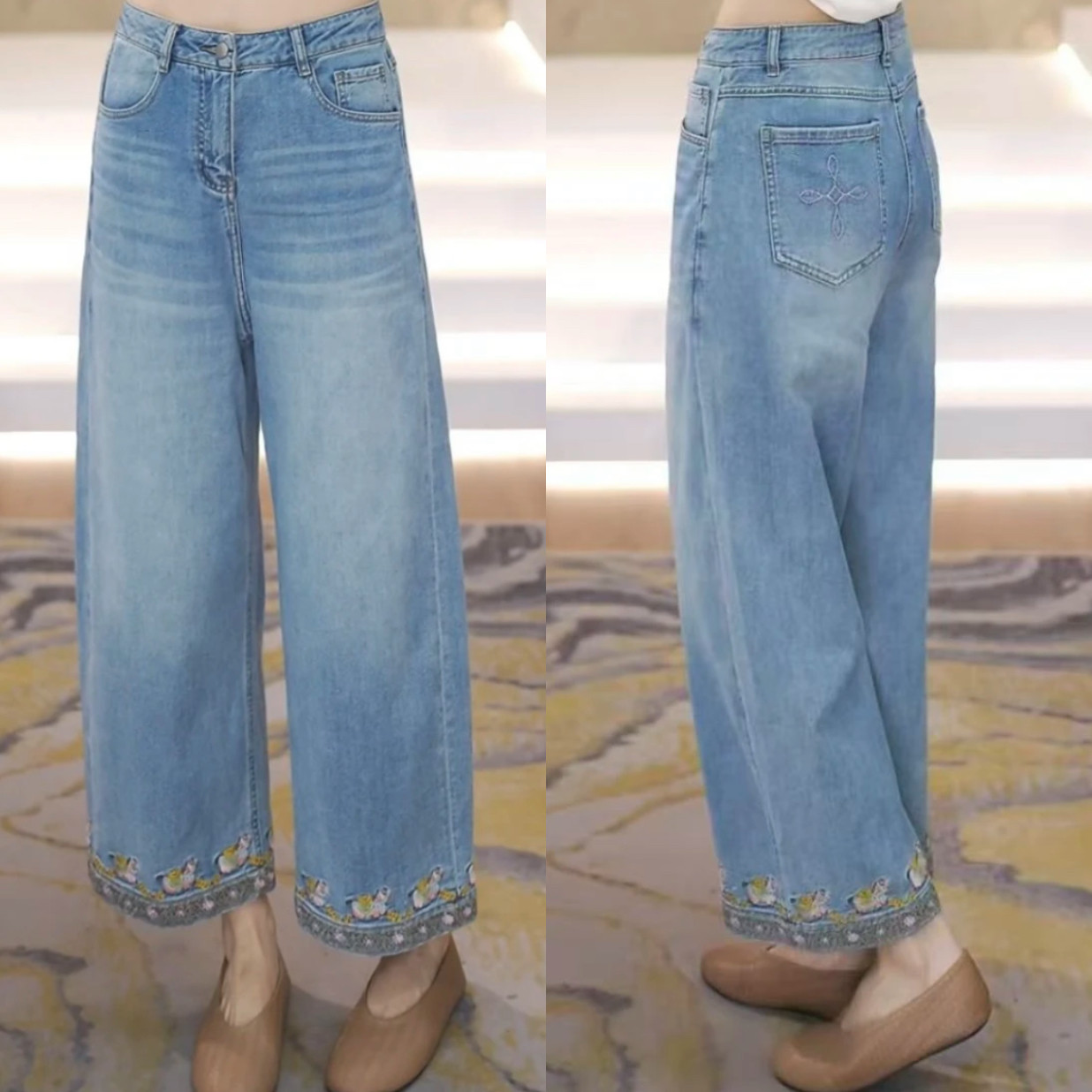 高腰刺绣九分阔腿牛仔裤女2026春季新款时尚减龄显瘦宽松直筒裤