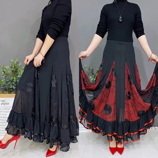 广场舞时尚松紧腰百搭坠感宽松交际舞裙妈妈大码花色中长款裙子