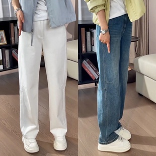 秋季窄版直筒牛仔裤水洗百搭气质纯色显瘦高腰松紧腰休闲弹力长裤