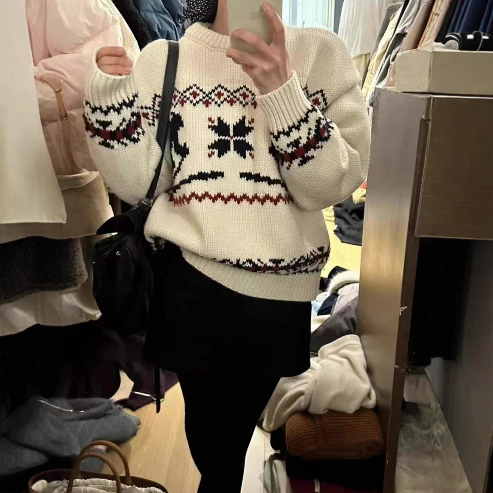 韩国chic 秋冬圣诞提花撞色滑雪人圆领套头长袖针织衫女毛衣上衣