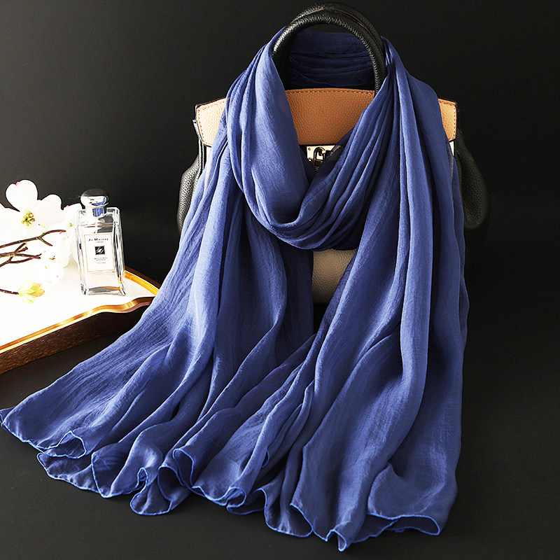 长方形真丝围巾专柜正品湖蓝色桑蚕丝丝巾杭州丝绸纱巾春秋季披肩